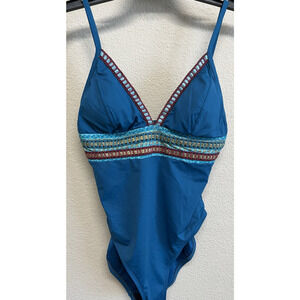 La Blanca Running Stitch Mio One Piece Swimsuit Caribbean Teal Blue Size 8 Lined